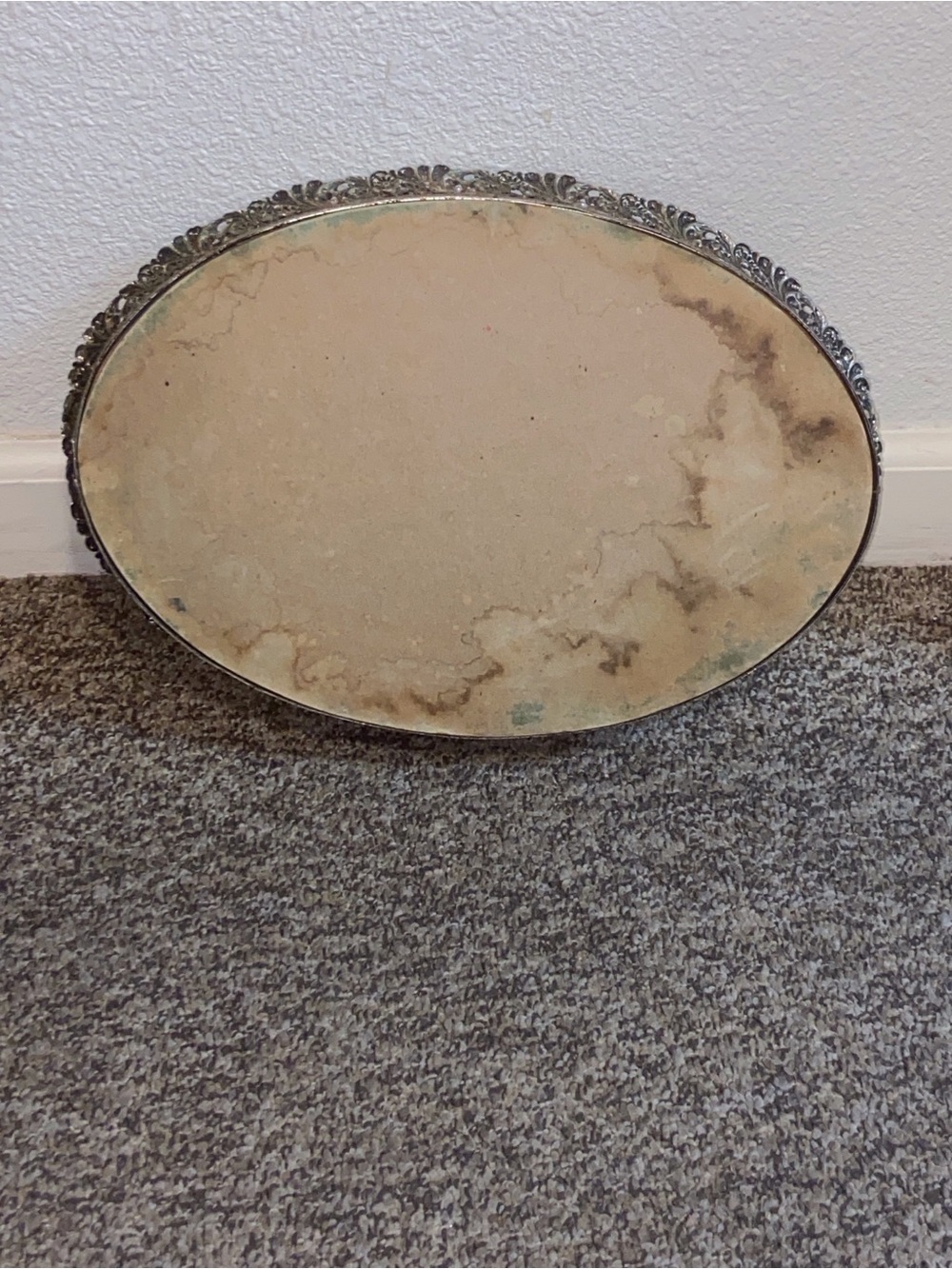 Ornate Oval Mirrored Tray-Siver - Tone Vintage Brass Vanity Perfume Tray Mirror - Picture 13 of 14